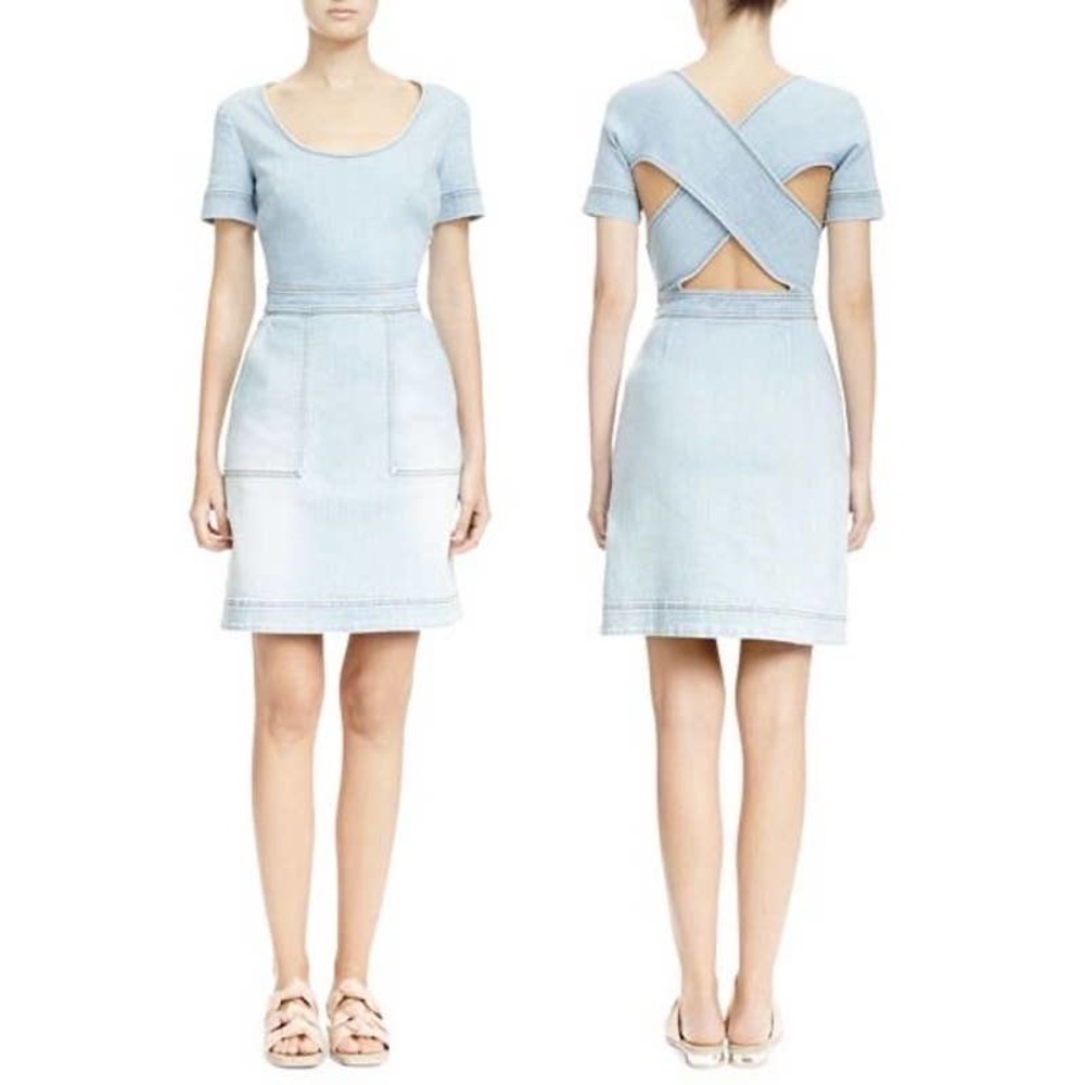 Stella McCartney Faded Blue Denim Short Sleeve Crisscross Mini Dress IT42 US6-8